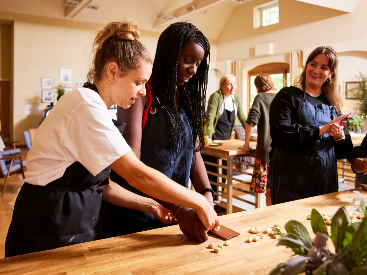 People in aprons chopping ingredients in a kitchen setting.