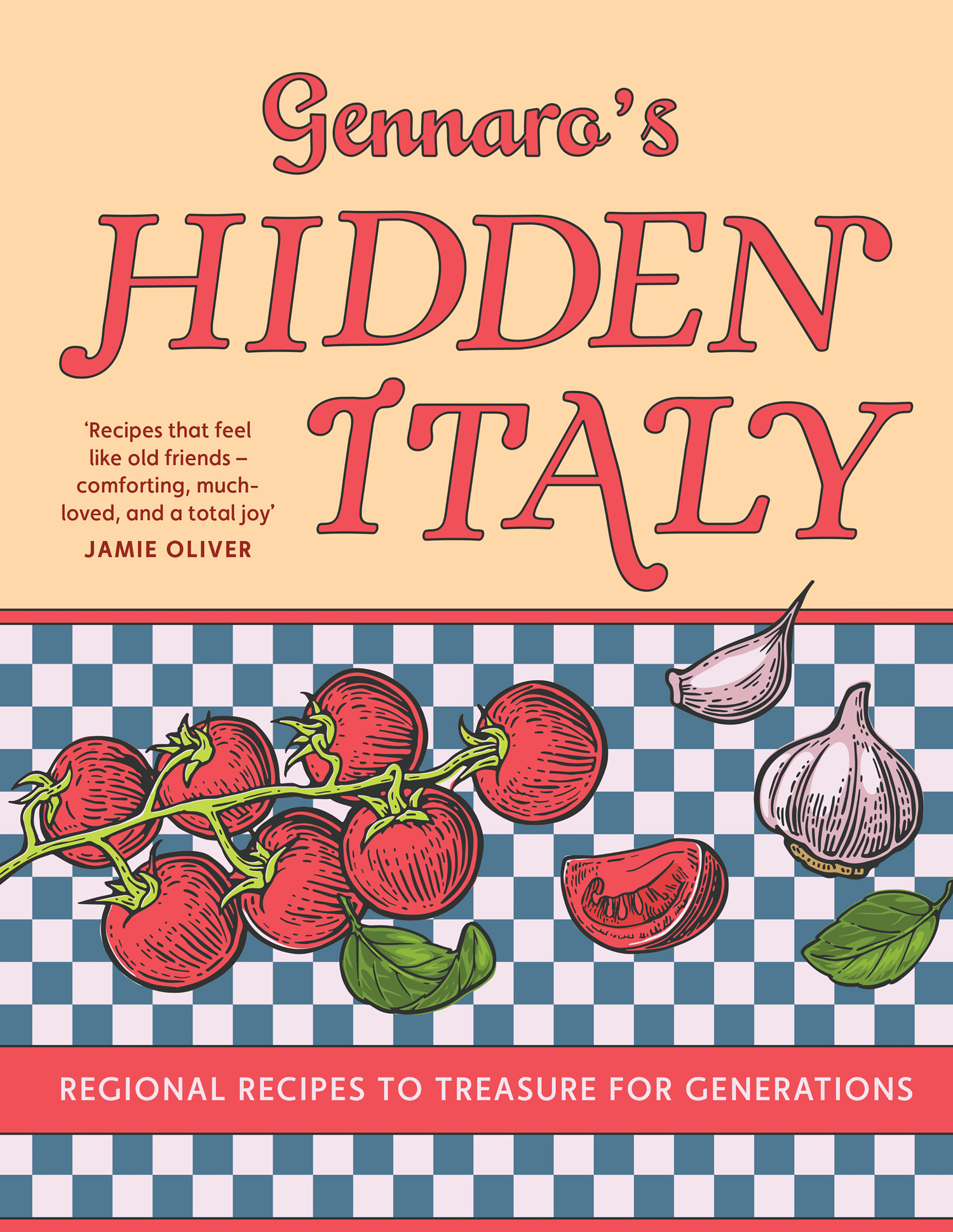 Illustrated cookbook cover with tomatoes, garlic on a checkered background.